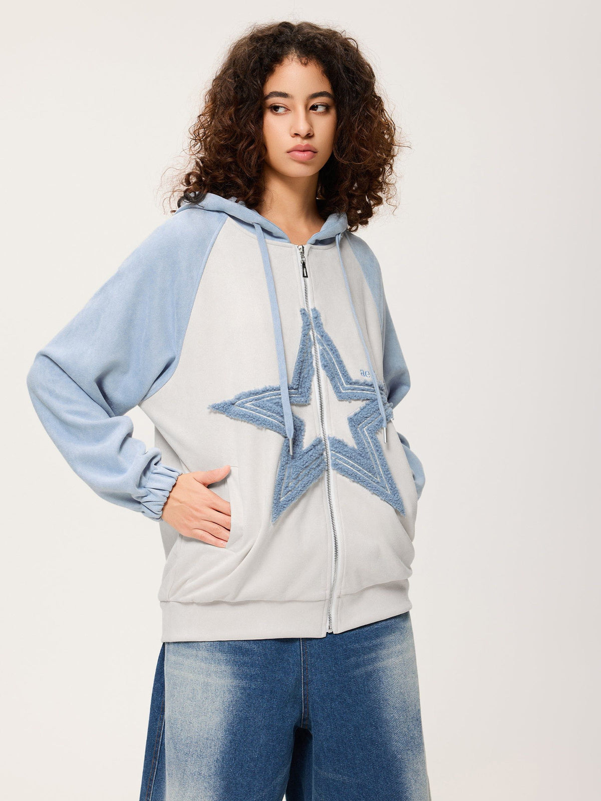 Fvshya Suede Star Patchwork Zip Up Hoodie