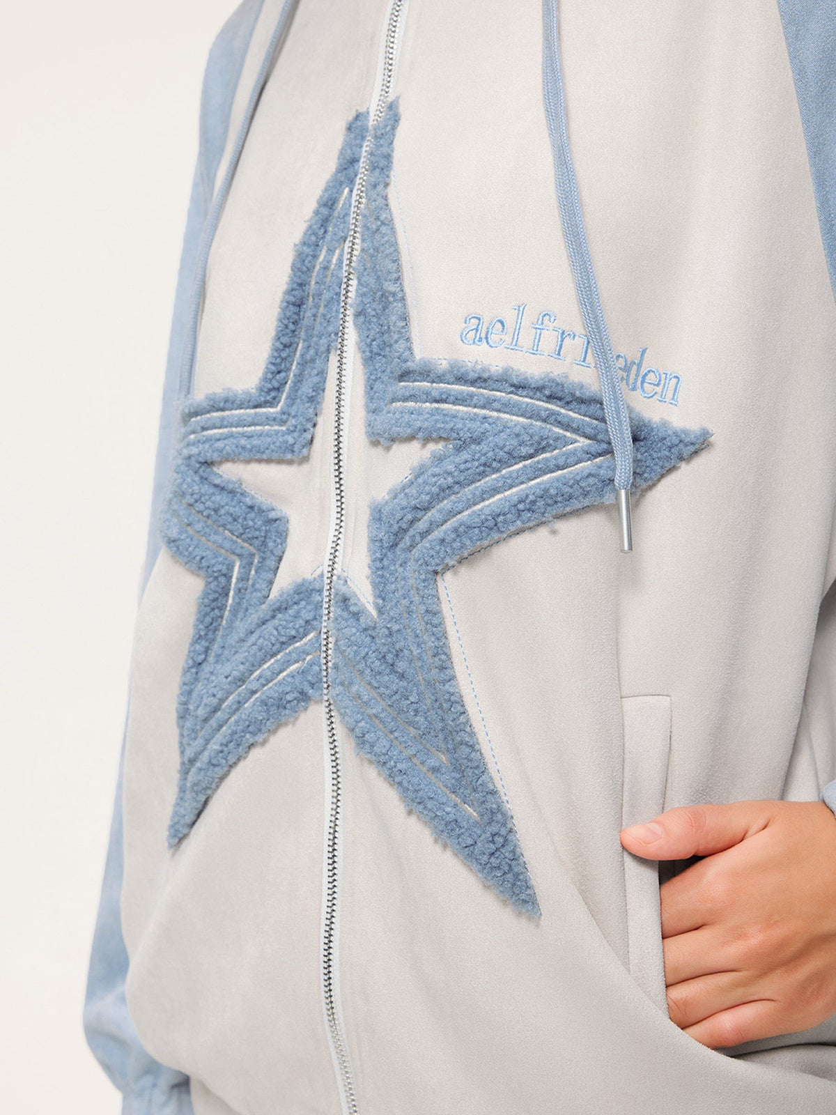 Fvshya Suede Star Patchwork Zip Up Hoodie