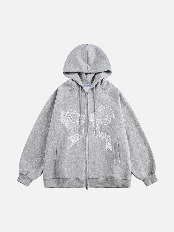 Fvshya Embroidery Lace Bow Zip Up Hoodie