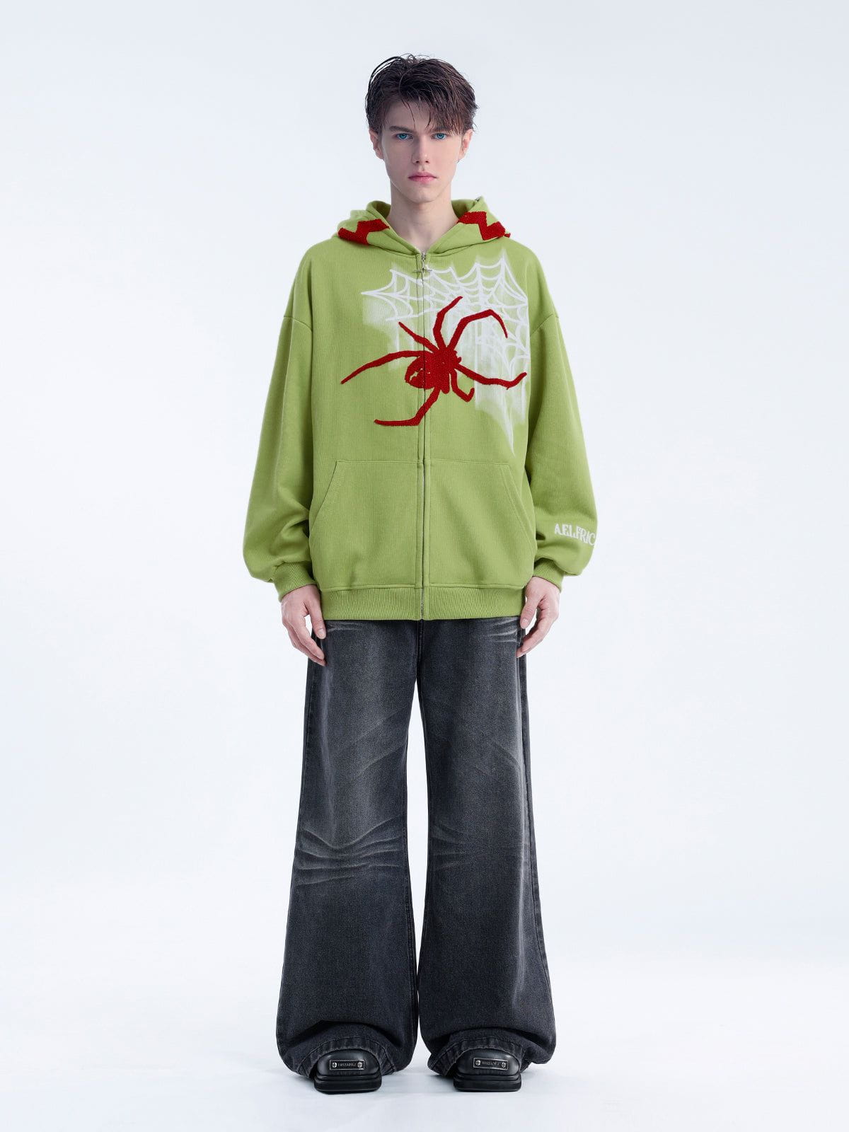 Fvshya Horn Design Flocking Spider Zip Up Hoodie