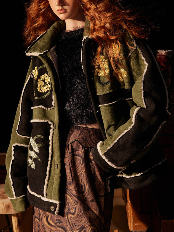 Fvshya Floral Embroidered Suede Fleece Jacket