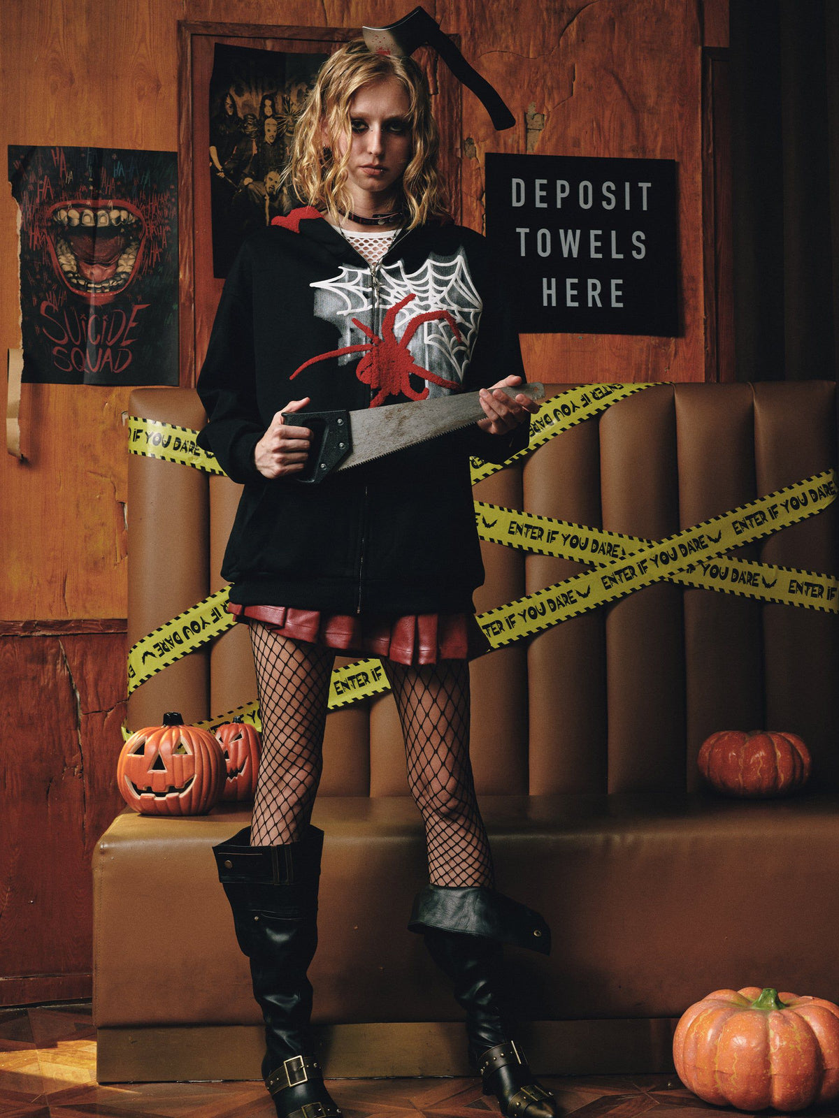 Fvshya Horn Design Flocking Spider Zip Up Hoodie