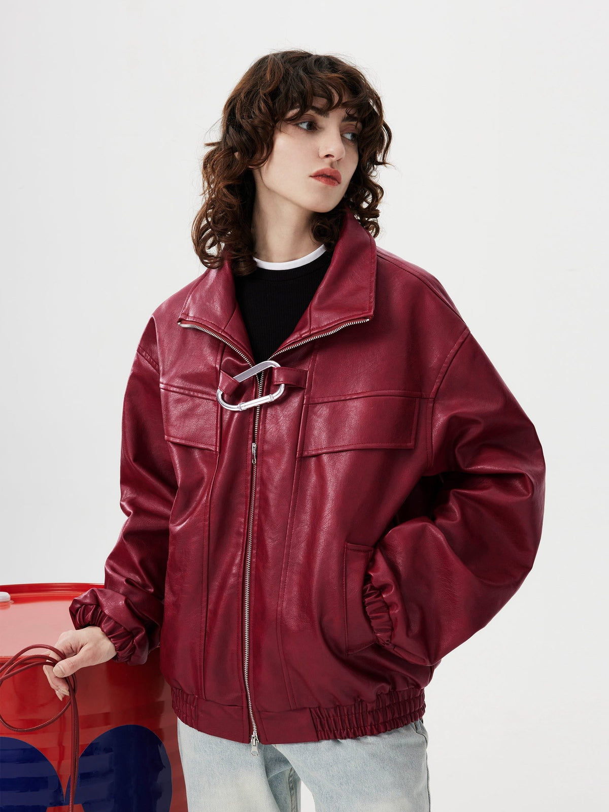 Fvshya Metal Buckle Faux Leather Jacket