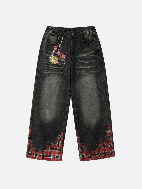 Fvshya Plaid Washed Print Loose Jeans