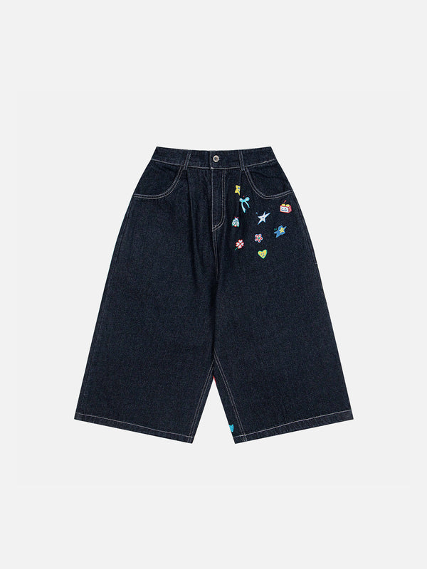 Fvshya Cartoon Sticker Print Baggy Longline Jorts