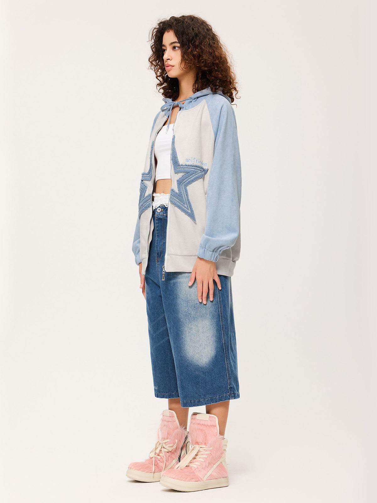 Fvshya Suede Star Patchwork Zip Up Hoodie