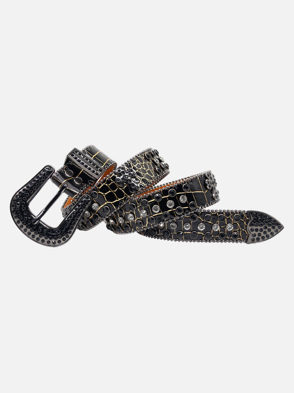 Fvshya Punk Style Leather Hotflix  Rhinestone Belt