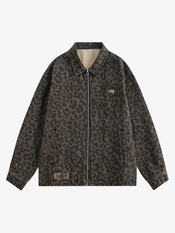 Fvshya Vintage Washed Cheetah Denim Jacket