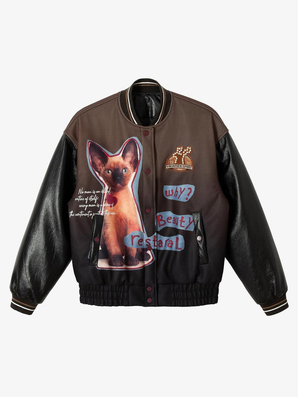 Fvshya Siamese Cat Embroidery Leather Bomber Jacket