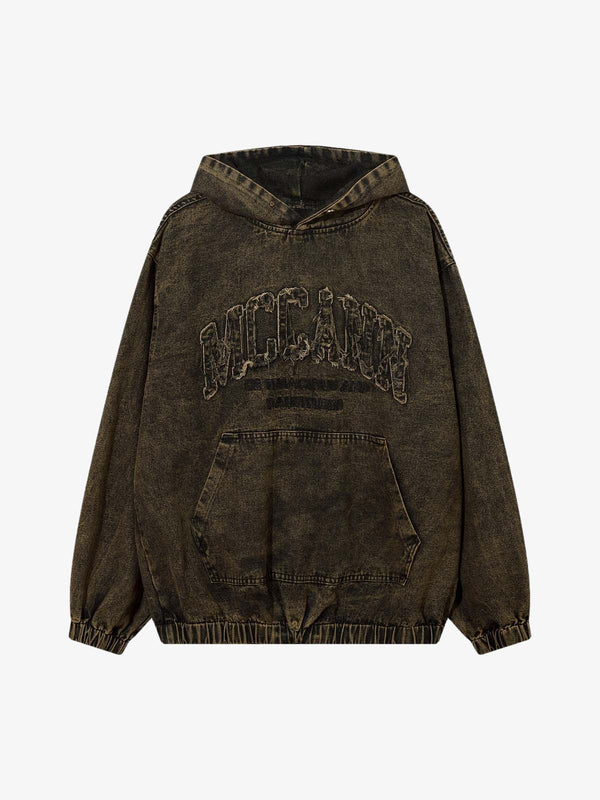 Fvshya Washed Distressed Embroidered Denim Hoodie