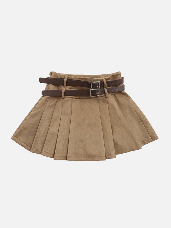 Fvshya Vintage Double Belt Suede Skirt