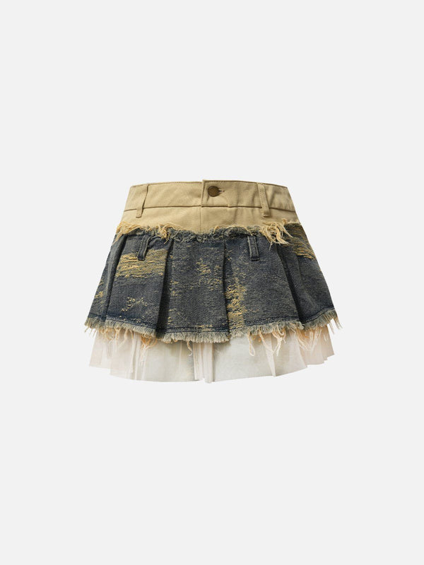 Fvshya Fringe Patchwork Denim Skirt