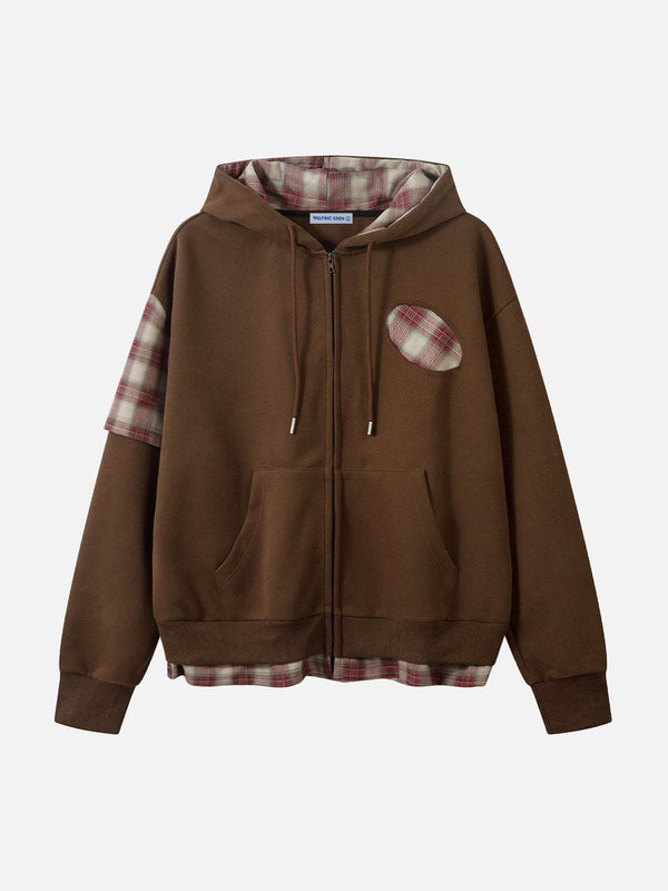Fvshya Irregular Plaid Patchwork Zip Up Hoodie