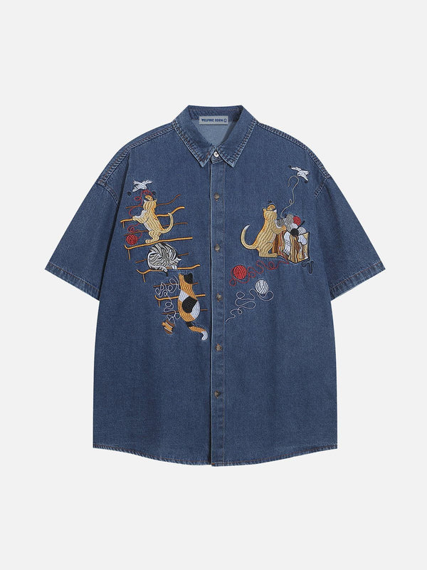 Fvshya Embroidery Cat Denim Short Sleeve Shirt