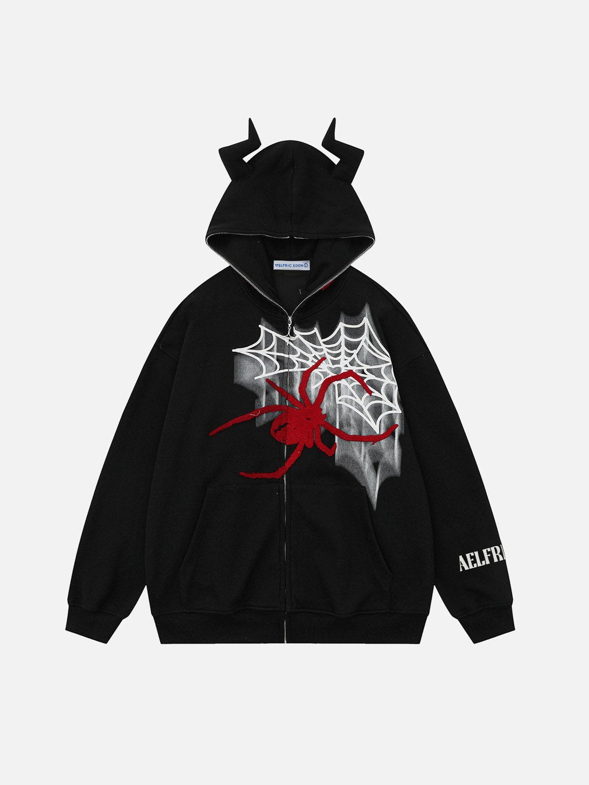 Fvshya Horn Design Flocking Spider Zip Up Hoodie