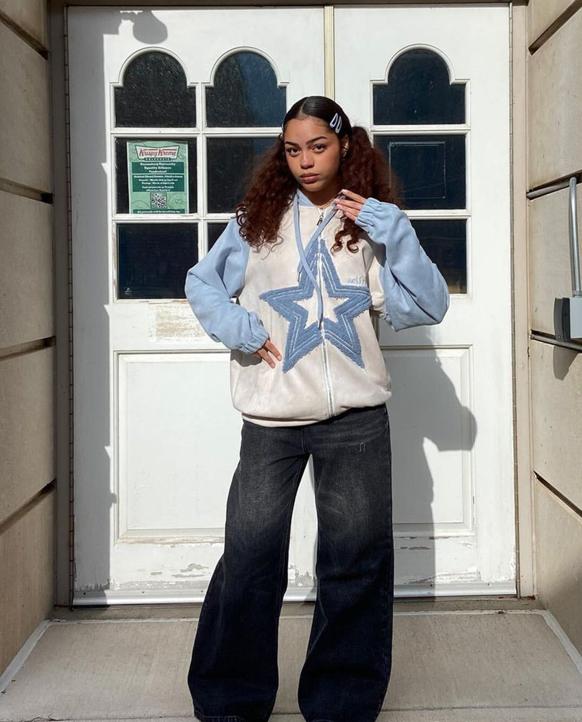 Fvshya Suede Star Patchwork Zip Up Hoodie